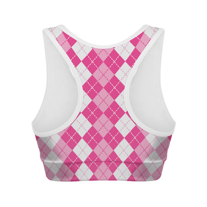 Pink And White Argyle Pattern Print Women's Sports Bra