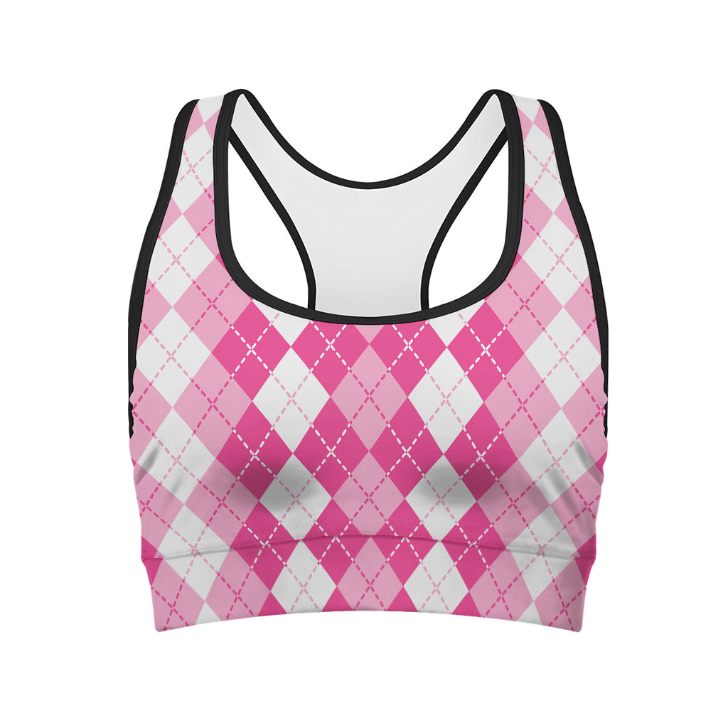 Pink And White Argyle Pattern Print Women's Sports Bra