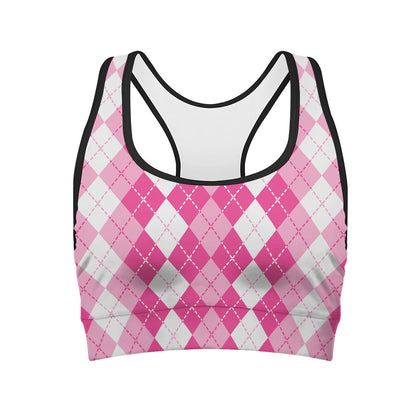 Pink And White Argyle Pattern Print Women's Sports Bra