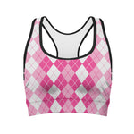 Pink And White Argyle Pattern Print Women's Sports Bra
