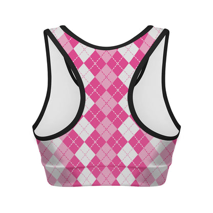 Pink And White Argyle Pattern Print Women's Sports Bra