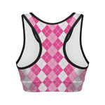 Pink And White Argyle Pattern Print Women's Sports Bra