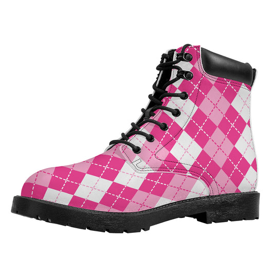Pink And White Argyle Pattern Print Work Boots