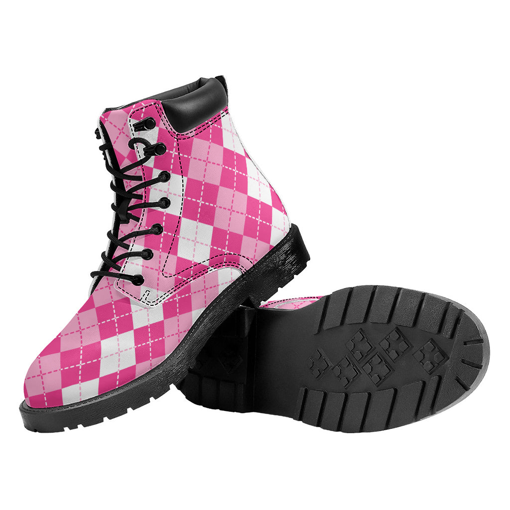 Pink And White Argyle Pattern Print Work Boots