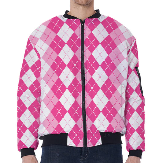 Pink And White Argyle Pattern Print Zip Sleeve Bomber Jacket