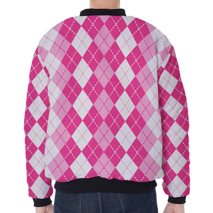 Pink And White Argyle Pattern Print Zip Sleeve Bomber Jacket