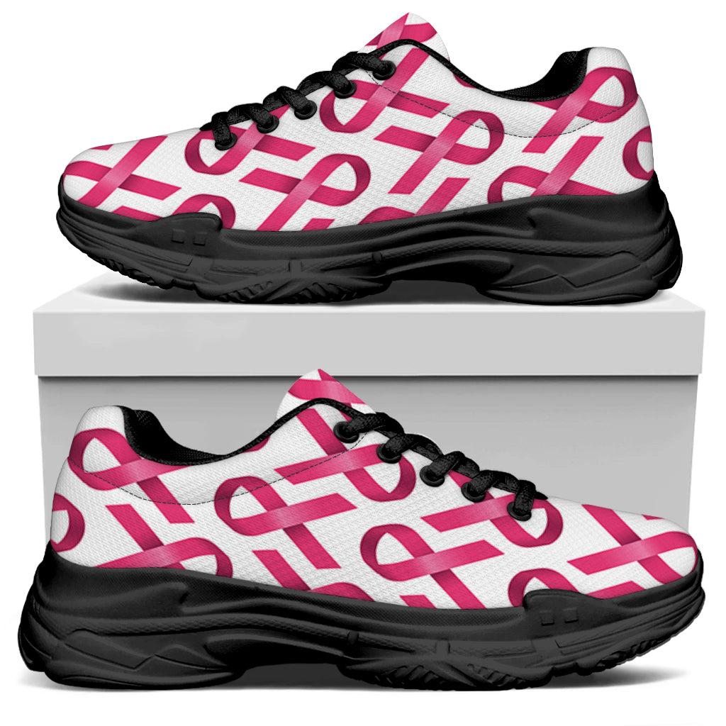 Pink And White Breast Cancer Print Black Chunky Shoes