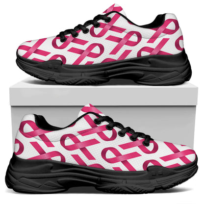 Pink And White Breast Cancer Print Black Chunky Shoes