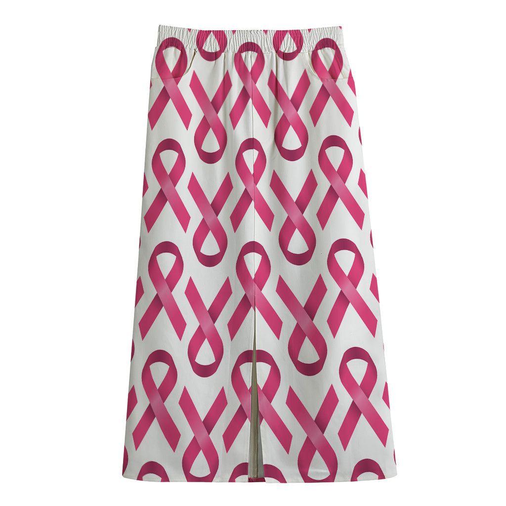 Pink And White Breast Cancer Print Cotton Front Slit Maxi Skirt