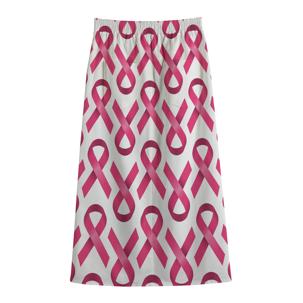 Pink And White Breast Cancer Print Cotton Front Slit Maxi Skirt