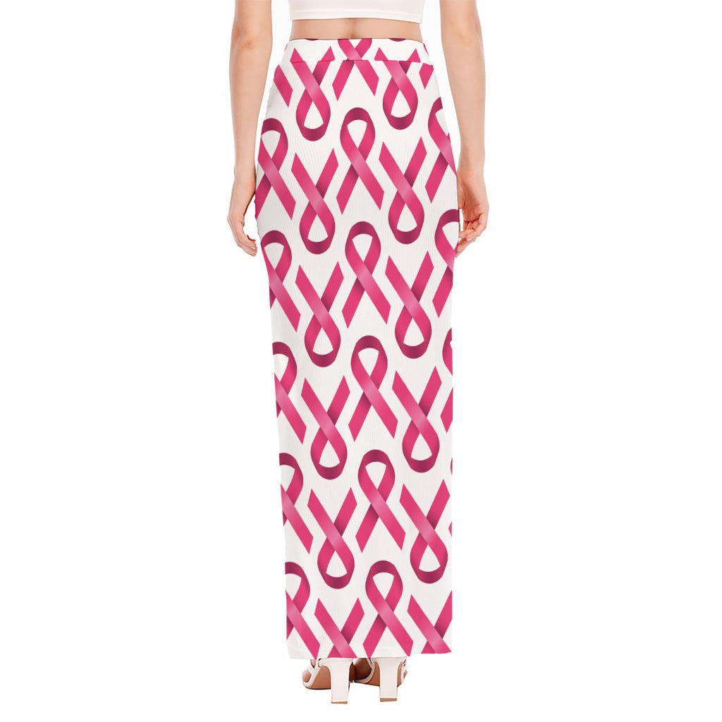 Pink And White Breast Cancer Print High Slit Maxi Skirt