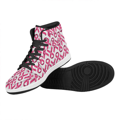 Pink And White Breast Cancer Print High Top Leather Sneakers