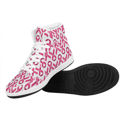 Pink And White Breast Cancer Print High Top Leather Sneakers