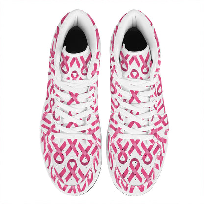 Pink And White Breast Cancer Print High Top Leather Sneakers
