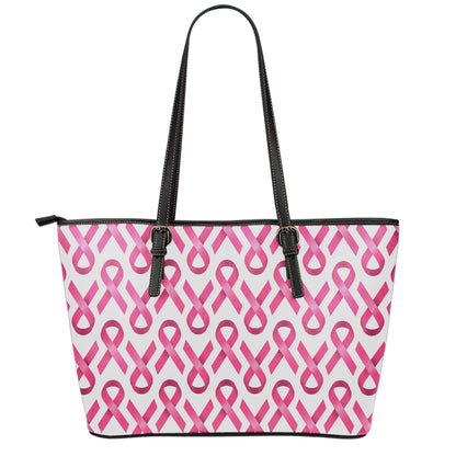 Pink And White Breast Cancer Print Leather Tote Bag