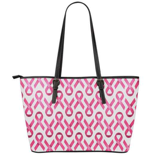Pink And White Breast Cancer Print Leather Tote Bag