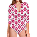 Pink And White Breast Cancer Print Long Sleeve Swimsuit