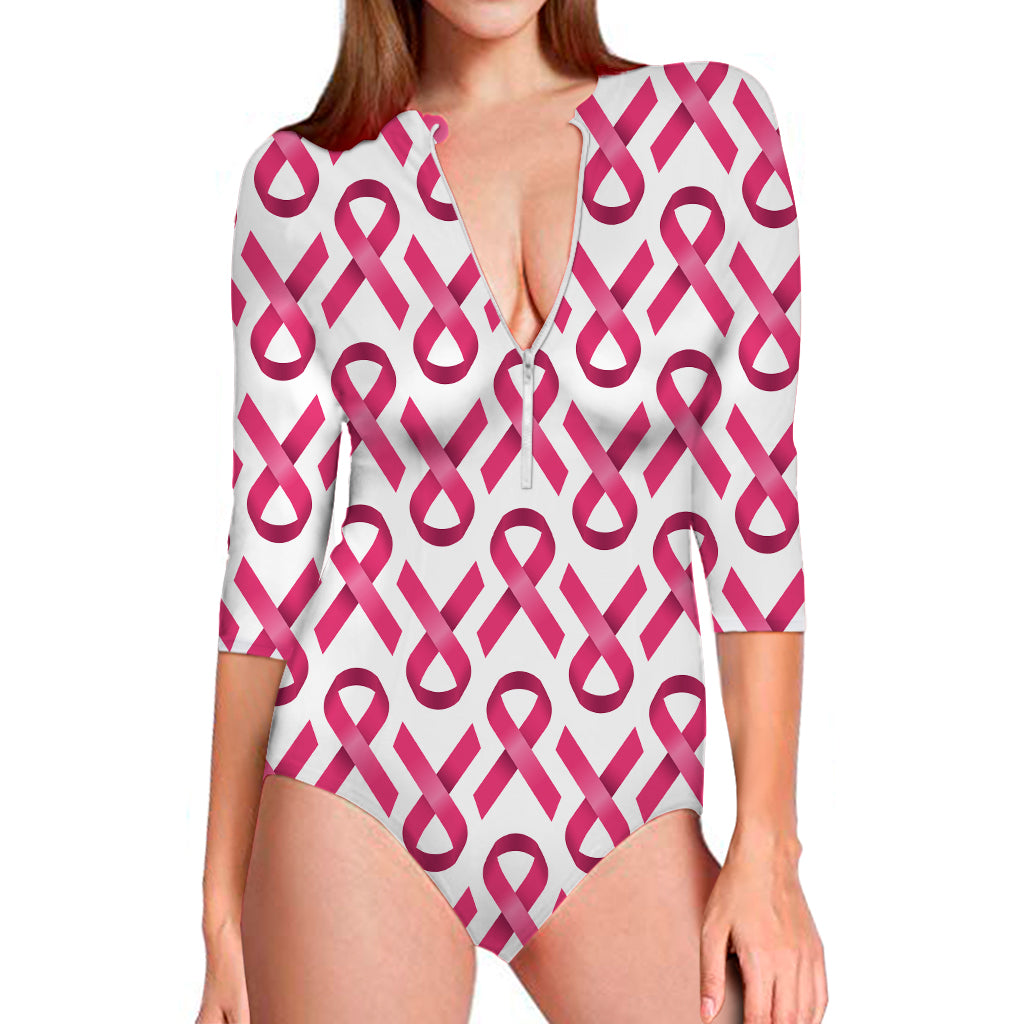 Pink And White Breast Cancer Print Long Sleeve Swimsuit