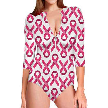 Pink And White Breast Cancer Print Long Sleeve Swimsuit