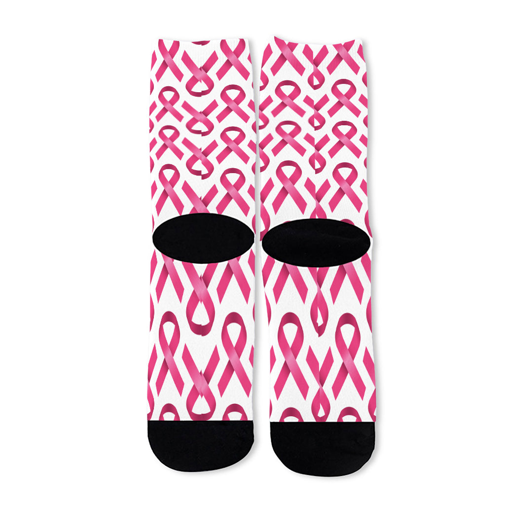Pink And White Breast Cancer Print Long Socks