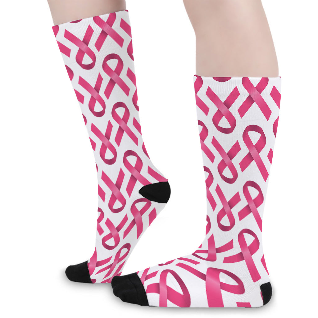 Pink And White Breast Cancer Print Long Socks