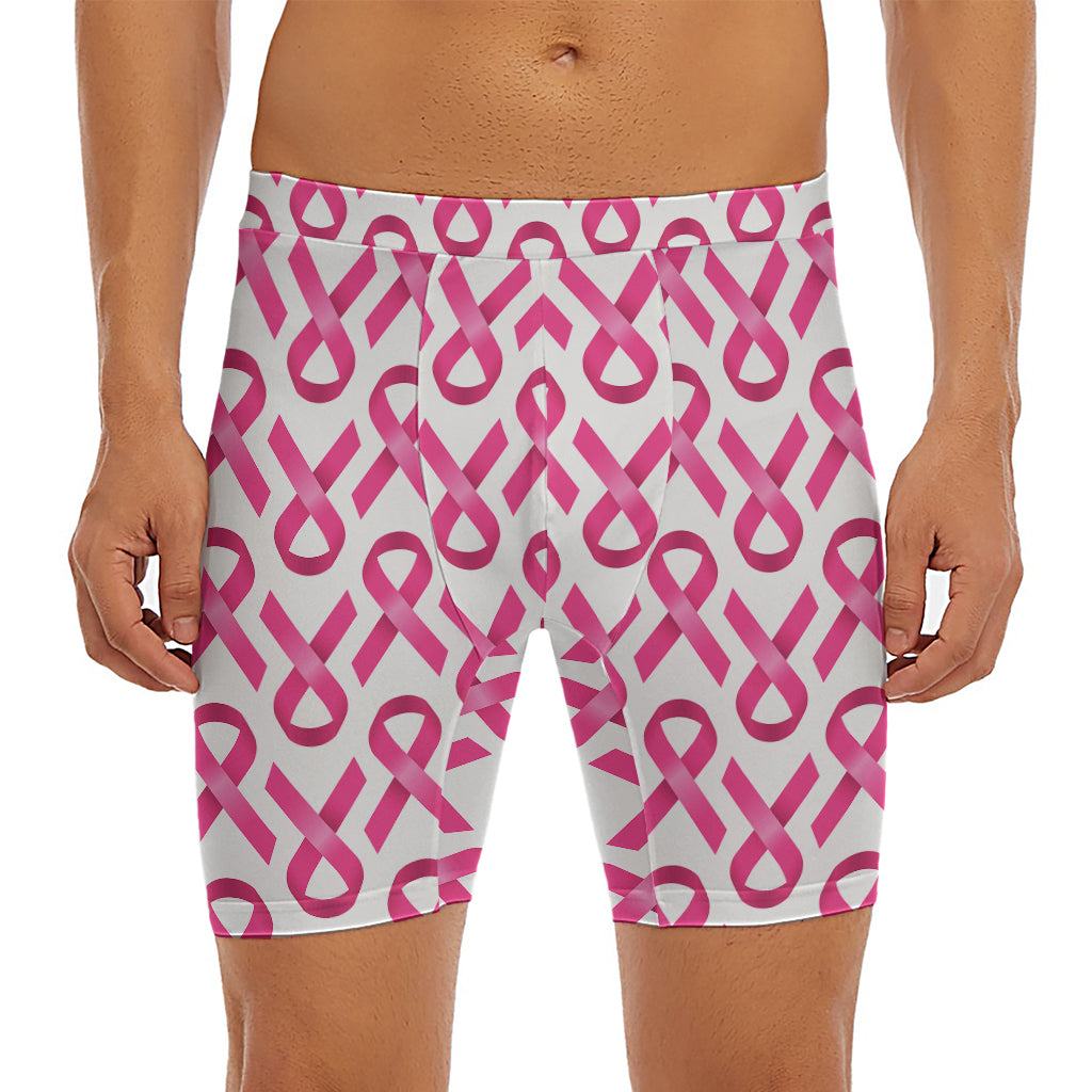 Pink And White Breast Cancer Print Men's Long Boxer Briefs