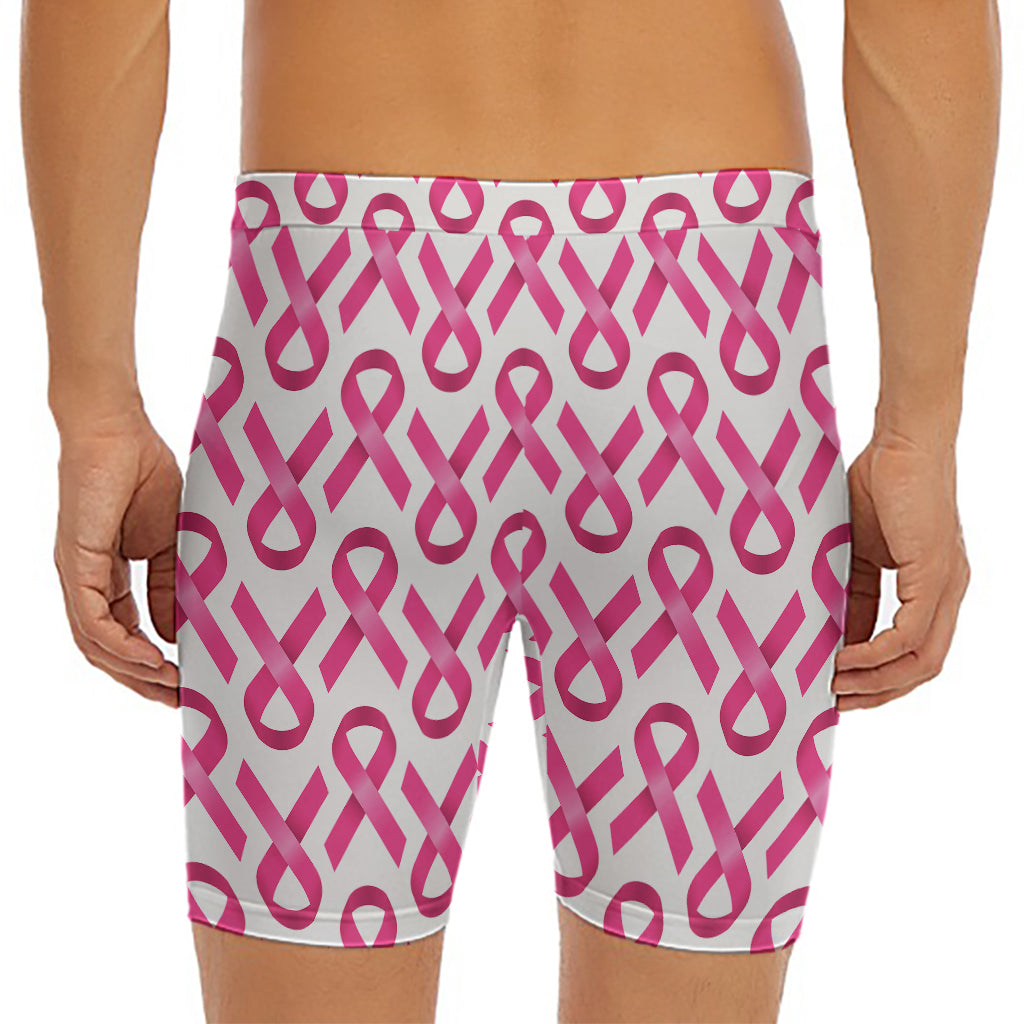 Pink And White Breast Cancer Print Men's Long Boxer Briefs