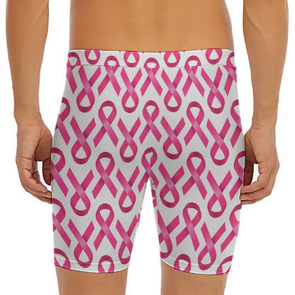Pink And White Breast Cancer Print Men's Long Boxer Briefs