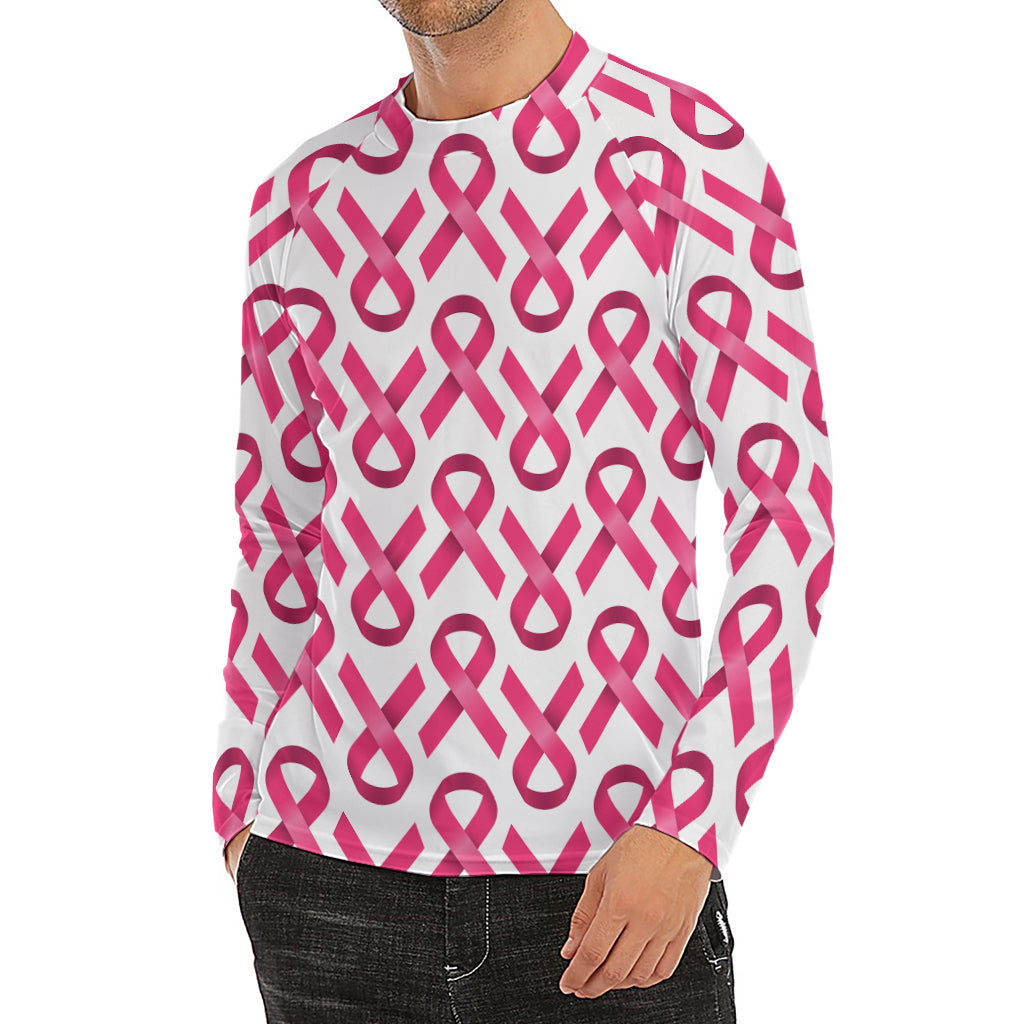 Pink And White Breast Cancer Print Men's Long Sleeve Rash Guard