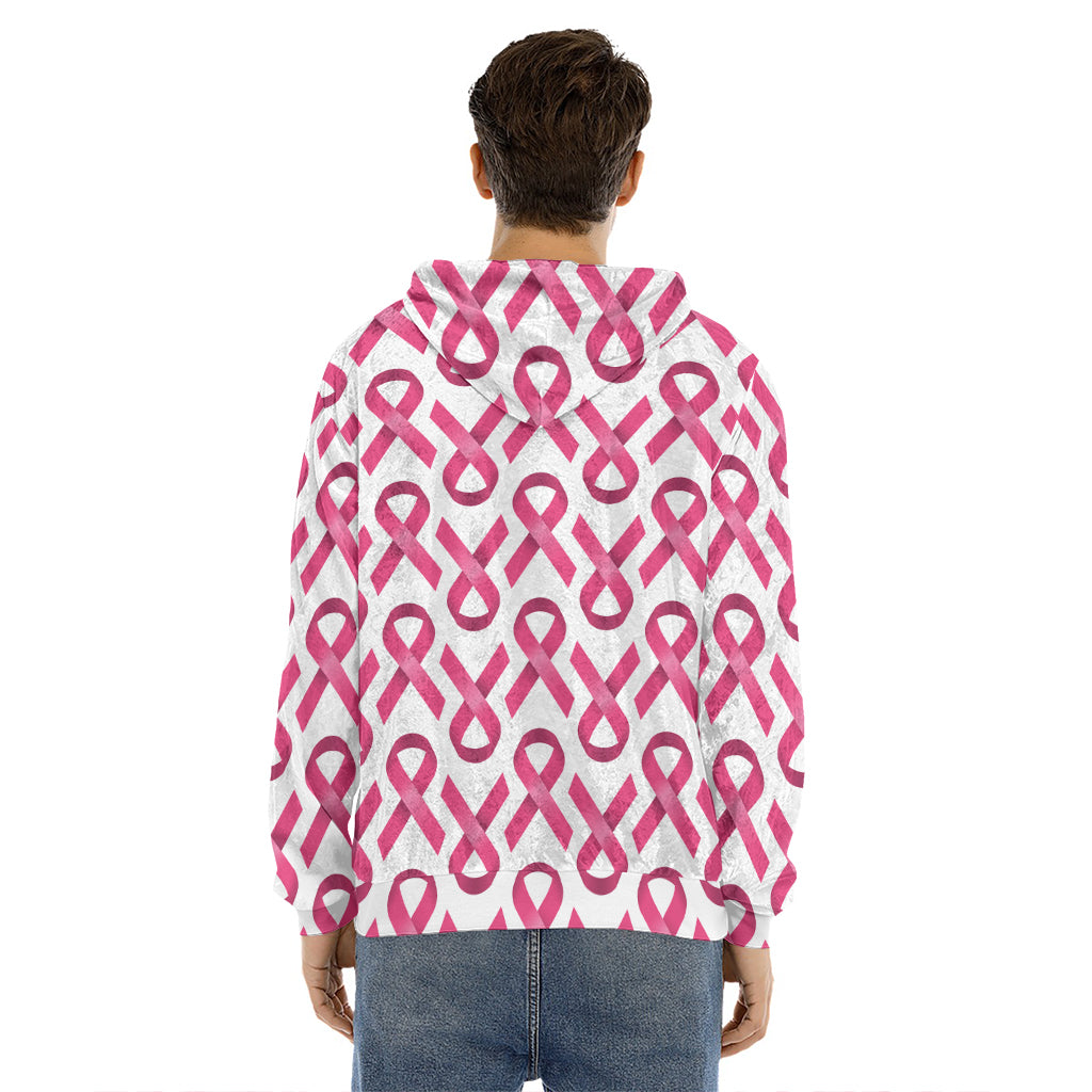 Pink And White Breast Cancer Print Men's Velvet Pullover Hoodie