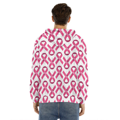 Pink And White Breast Cancer Print Men's Velvet Pullover Hoodie