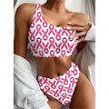 Pink And White Breast Cancer Print One Shoulder Bikini Set