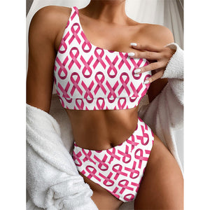 Pink And White Breast Cancer Print One Shoulder Bikini Top