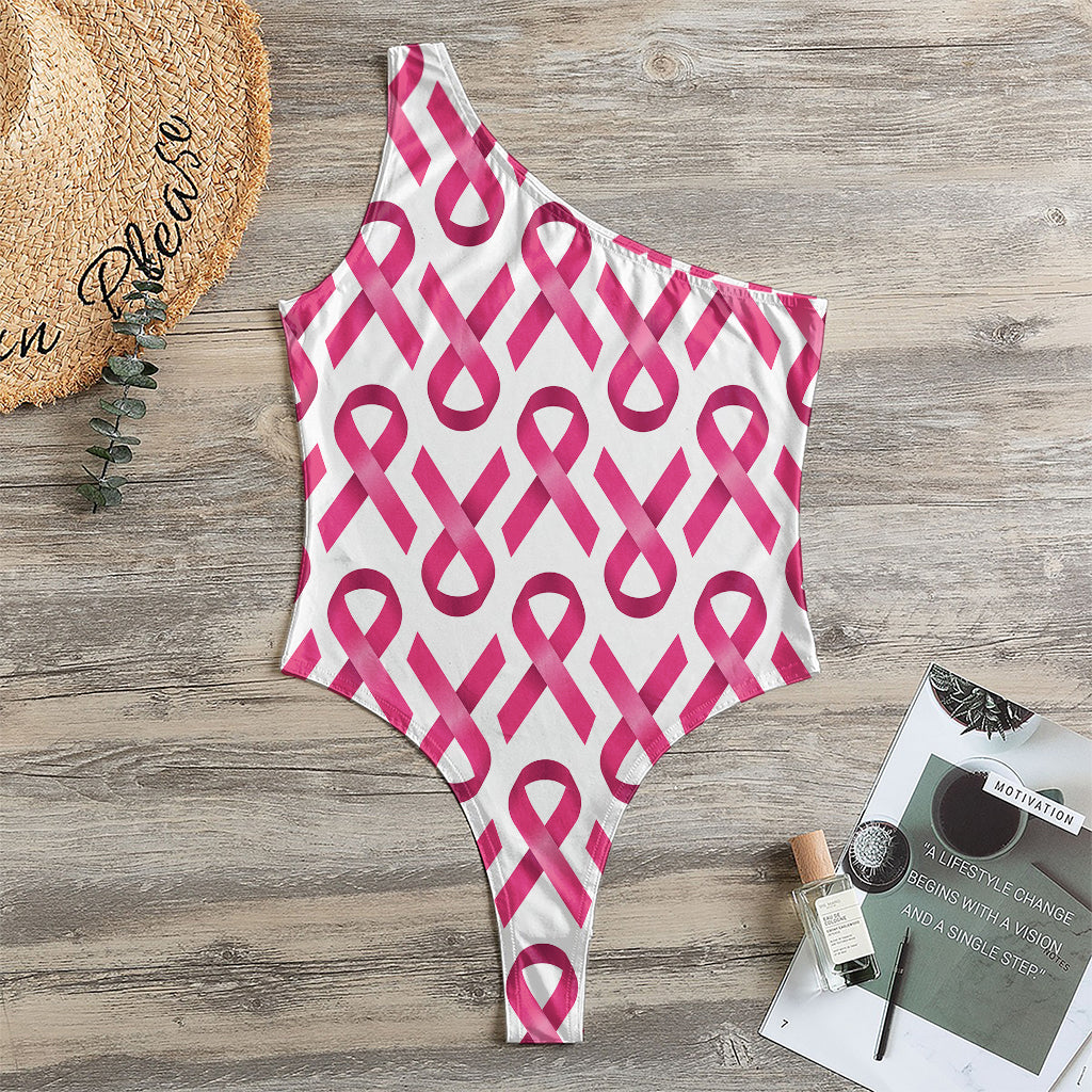Pink And White Breast Cancer Print One Shoulder Bodysuit