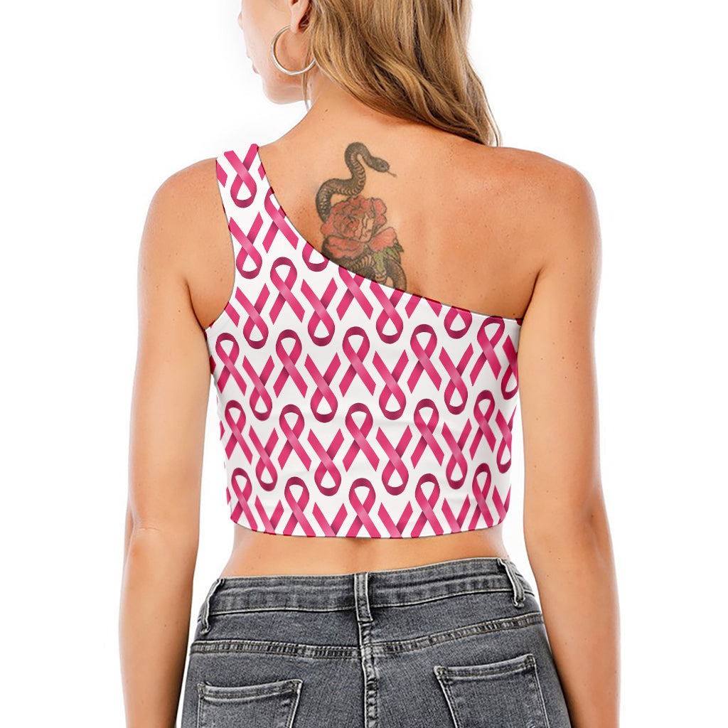 Pink And White Breast Cancer Print One Shoulder Crop Top