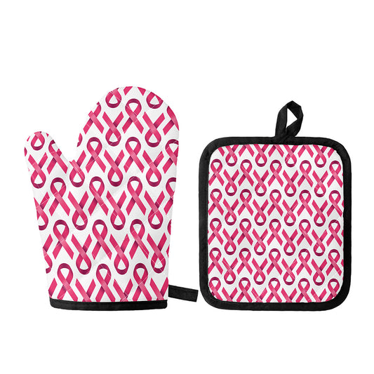 Pink And White Breast Cancer Print Oven Mitt And Pot Holder Set