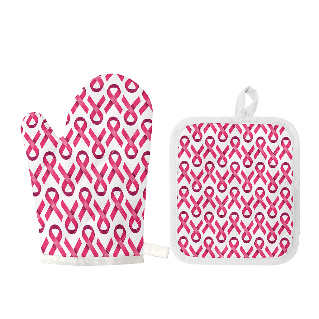 Pink And White Breast Cancer Print Oven Mitt And Pot Holder Set