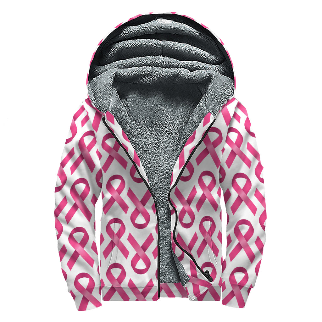 Pink And White Breast Cancer Print Sherpa Lined Zip Up Hoodie