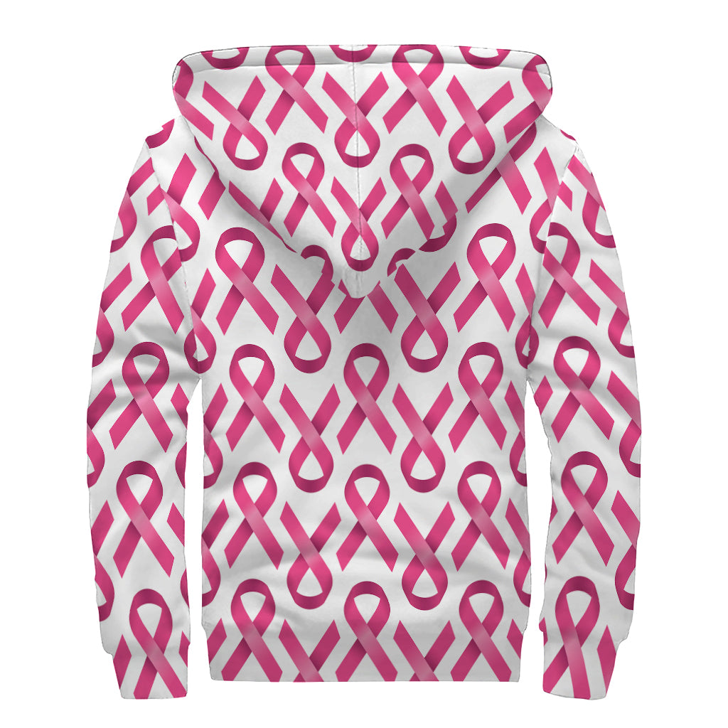Pink And White Breast Cancer Print Sherpa Lined Zip Up Hoodie