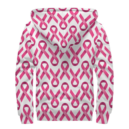 Pink And White Breast Cancer Print Sherpa Lined Zip Up Hoodie