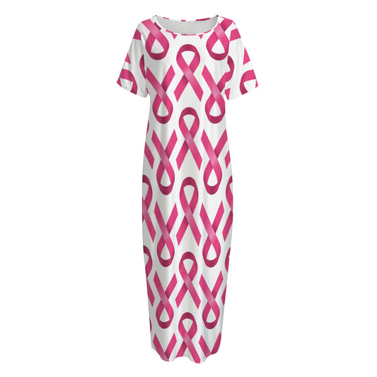 Pink And White Breast Cancer Print Short Sleeve Long Nightdress
