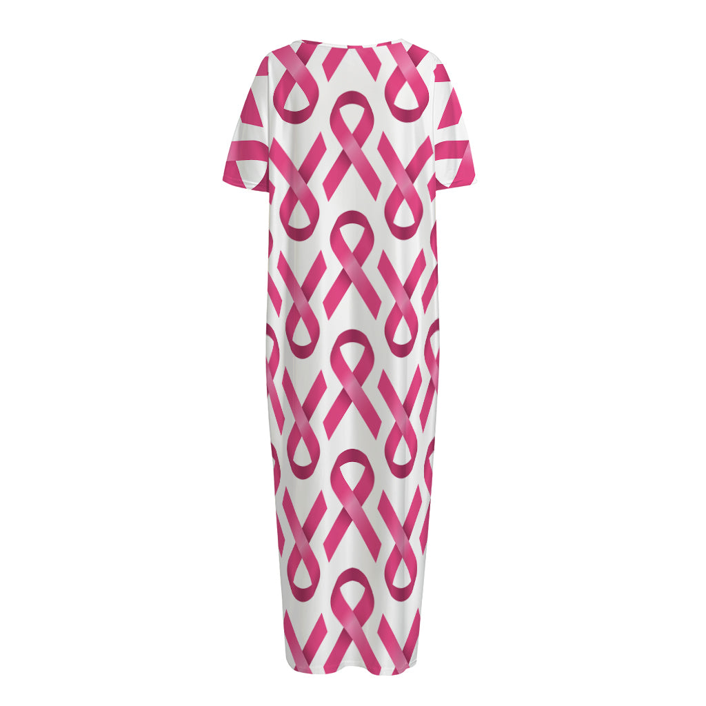 Pink And White Breast Cancer Print Short Sleeve Long Nightdress