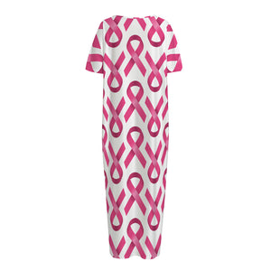 Pink And White Breast Cancer Print Short Sleeve Long Nightdress