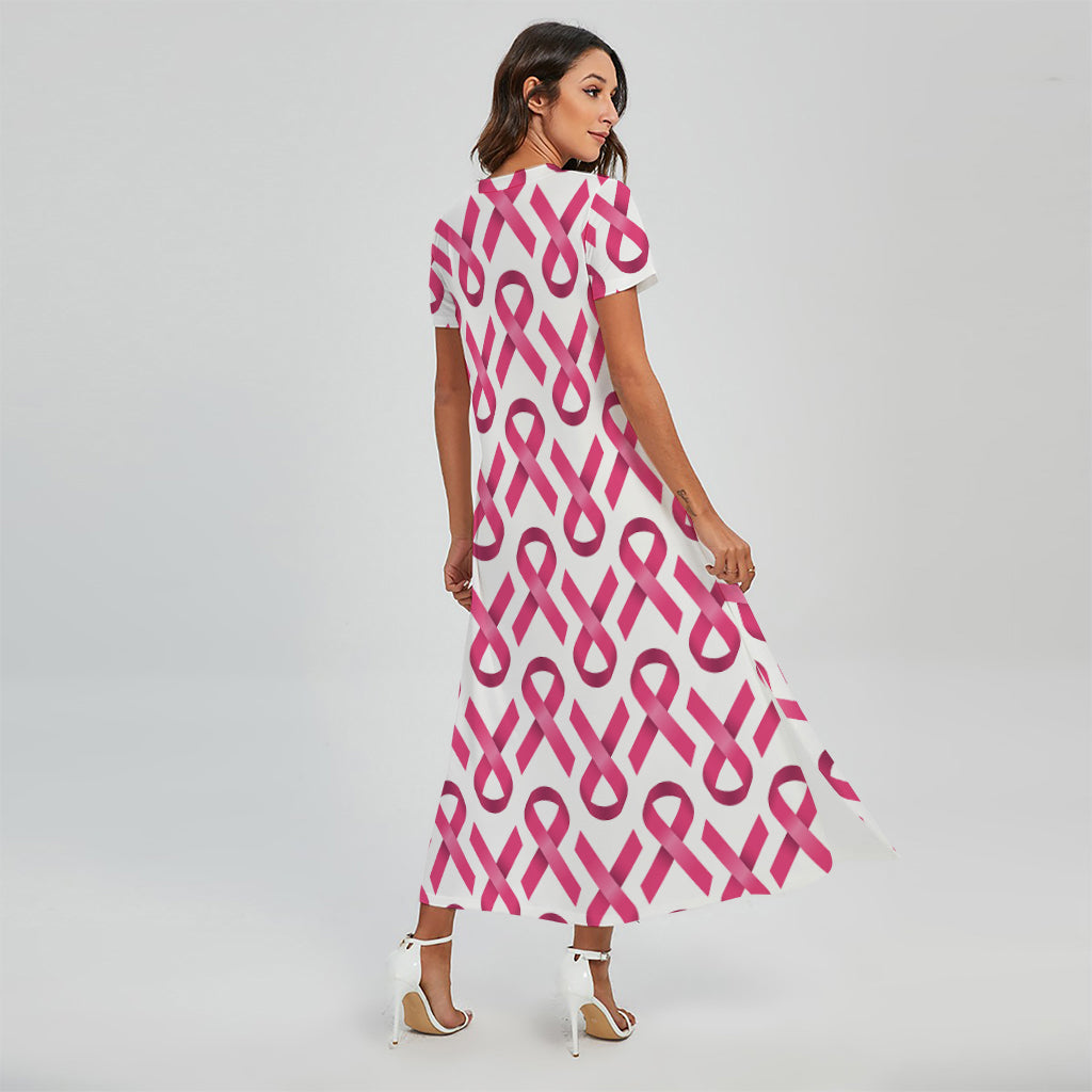 Pink And White Breast Cancer Print Short Sleeve Maxi Dress