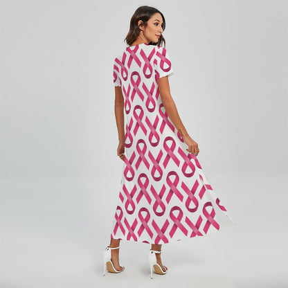 Pink And White Breast Cancer Print Short Sleeve Maxi Dress