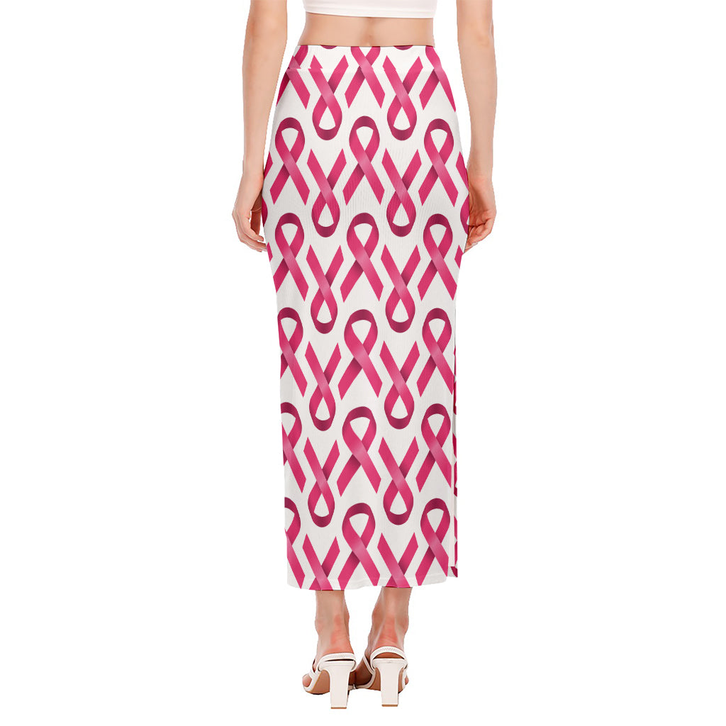 Pink And White Breast Cancer Print Side Slit Maxi Skirt