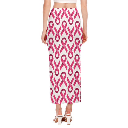 Pink And White Breast Cancer Print Side Slit Maxi Skirt