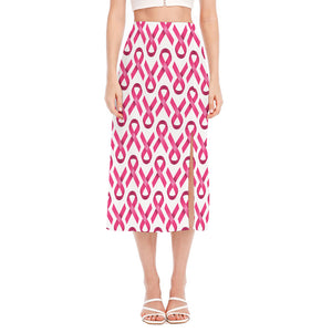 Pink And White Breast Cancer Print Side Slit Midi Skirt