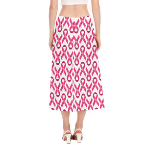 Pink And White Breast Cancer Print Side Slit Midi Skirt