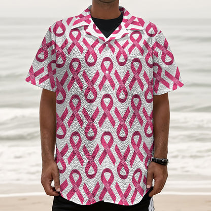 Pink And White Breast Cancer Print Textured Short Sleeve Shirt